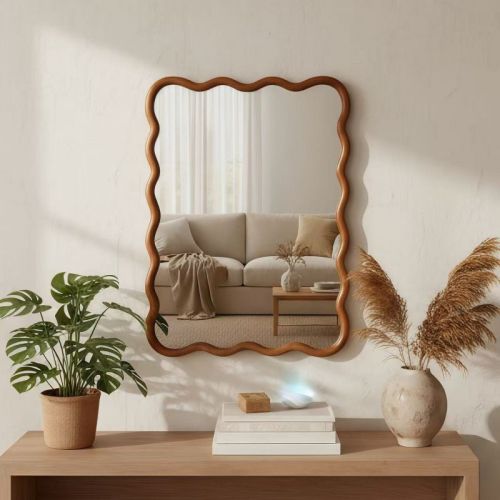 30" x 40" Wall Mirror with Brown Solid Wood Frame, Wavy Rectangle Decorative Mirror for Bathroom, Bedroom, Living Room, Entryway-Panipeachy