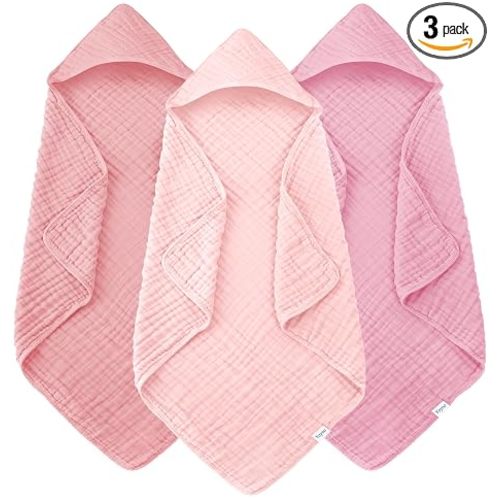 Muslin Hooded Baby Bath Towels - 3 Pack 100% Cotton Ultra-Soft Towels for Newborns, Infants, Toddlers - 32x32 Inch - Highly Absorbent, Quick-Dry Essentials for Bath Time, Beach, Pool, Sakura Series