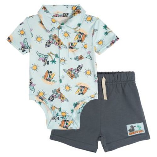 Disney Mickey Mouse Baby Boys' Button Front Allover Print Creeper and French Terry Shorts Outfit Blue Gray 6-9 Months