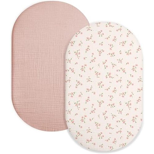 Bassinet Sheet for Baby Boy and Girl 2 Pack, Fitted Sheets for Rectangle, Oval, Hourglass Bassinet Mattress, Muslin Moses Basket Sheets with Neutral Style (Rosy)