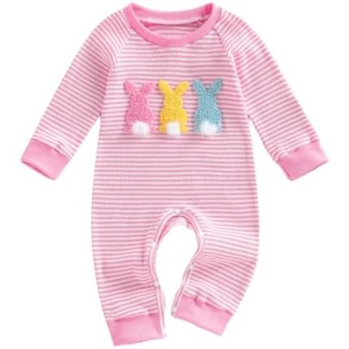 Baby Girl Easter Outfit Newborn Waffle Knit Bunny Onesie Infant Rabbit Jumpsuit Long Sleeve Romper Spring Clothes