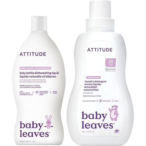 Bundle of ATTITUDE Baby Bottle and Dishwashing Liquid, EWG Verified, Vegan, Sweet Lullaby, 23.7 Fl Oz + Baby Laundry Detergent, EWG Verified, HE Compatible, Sweet Lullaby, 35 Loads, 1.05 Liters