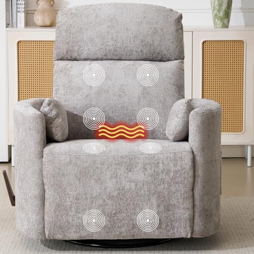 Oversized Swivel Rocker Recliner with Massage and Heat, Rocker Nursery Recliner for Adults with Adjustable Headrest, 26" Extra Wide Nursery Chair with 2 Pillows, Light Grey
