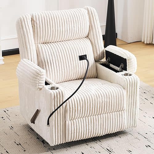 Oversized Manual Recliner Chair with Arm Storage,Swivel Rocker Recliner Chair for Adults with Adjustable Headrest,Nursery Glider Recliner with Phone Stand and Side Pockets for Living Room,Beige