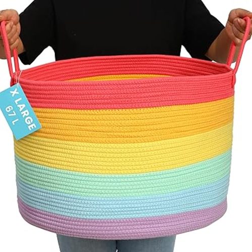OrganiHaus Rainbow Blanket Basket for Classroom & Nursery, Extra Large Woven Laundry Basket w/Handles, Kids Toy Organizer & Storage, Soft Round Dog Toy Storage Bin, Cute Bin - 20"x13" in