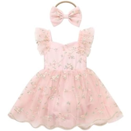 IDOPIP Floral Embroidered Baby Girl Romper Tutu Dress Princess Tulle Jumpsuit Headband Cake Smash 1st Birthday Party Outfit