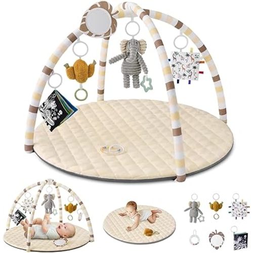 Blissful Diary Baby Play Gym Mat, Tummy Time Activity Mat with 6 Detachable Toys for Stage-Based Sensory & Motor Skill Development, Easy to Install & Clean, Baby Essentials Gift, Sandy Beige