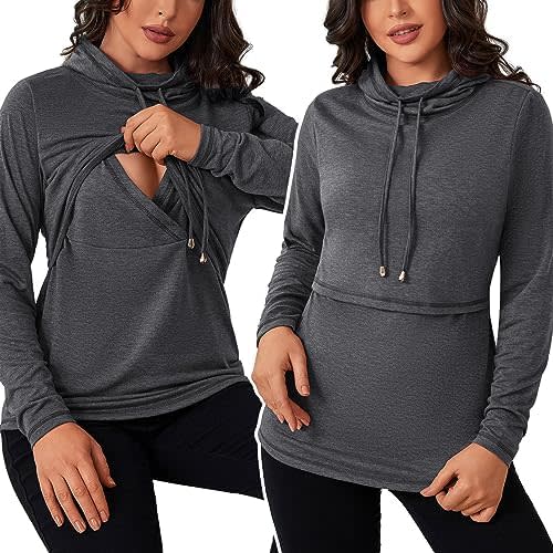 GINKANA Womens Nursing Tops Breastfeeding Sweatshirts Shirts Long Sleeve Drawstring Cowl Neck Nursing Tee Shirts Blouse
