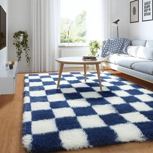 KICMOR Soft Fluffy Navy Blue and Cream White Area Rug for Bedroom, 3x5 Fuzzy Shag Shaggy Checkered Rugs Small Carpet for Living Room, Indoor Plush Checkerboard Rug for Kids Boys Home Décor Aesthetic