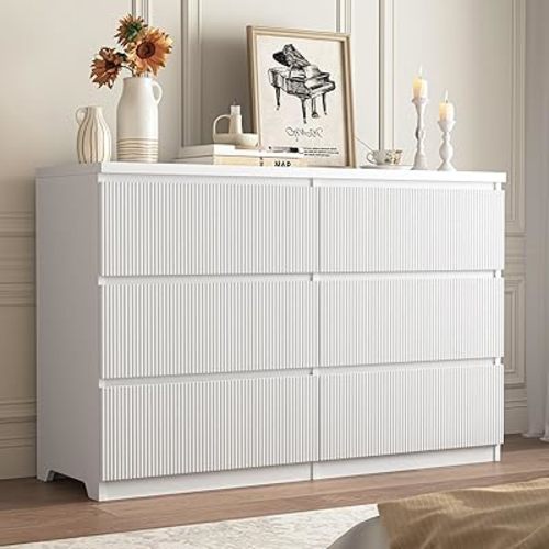 Fluted White Dresser for Bedroom, Modern Large 6 Drawer Dresser with Deep Drawer,Wood Chest of Drawer,Bedroom Storage Organizer Furniture for Closet