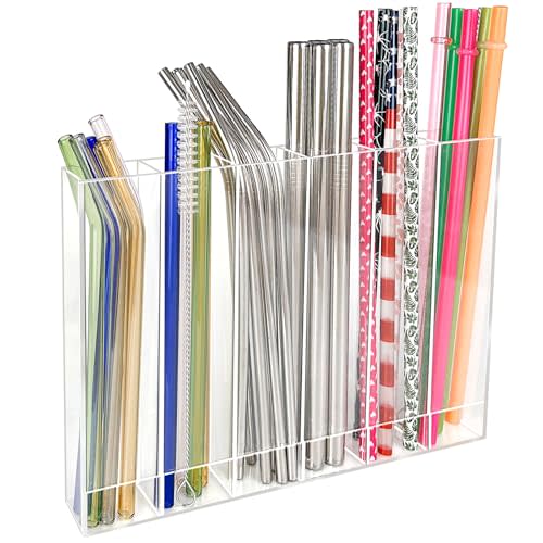 9.6 Large Acrylic Straw Holder for Cabinet Door - 6 compartments, easy to clean, Reusable Tumbler Straw Organizer Storage, Small Kitchen Accessories Container, Ultra Sticky Cupboard Door Mounted