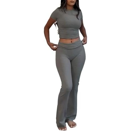 ZFLM Casual Workout Two Piece Outfits for Women Short Sleeve Crop High Waist Foldover Flare Pants Tracksuit Sets Streetwear
