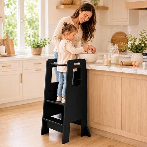 Toddler Kitchen Step Stool, 3-Level Adjustable Wooden Standing Helper with Guardrail, Kids Kitchen Stool for Cooking & Bathroom, Black