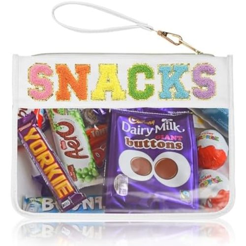 Snack Bag Clear Chenille Varsity Letter Zipper Pouch for Travel Nylon Clear Cosmetic Bag Makeup Travel Bag for Women (White-Snacks)