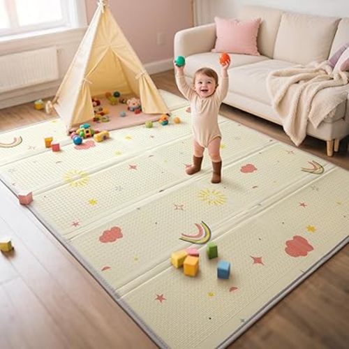 Mallify Extra Large Foldable Play Mat, Reversible Baby Play Mat with Edge Reinforcement, Non-Toxic & Waterproof Baby for Floor, Foam Playmat with Travel Bag, Rainbow, Cloud & Moon, 71"x59"