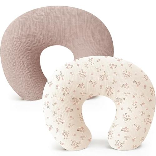 Konssy 2-Pack Muslin Nursing Pillow Covers, Soft & Adorable Nursing Covers for Breastfeeding Pillows, Slipcovers for Newborn Boys & Girls(Toffee, Flourish)