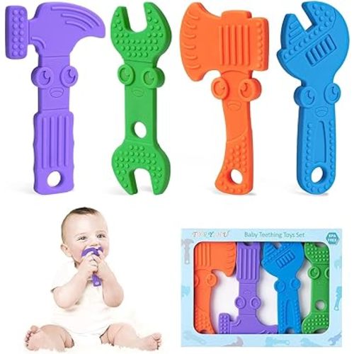 TYRY.HU Baby Teething Toys for Babies, Baby Teether Toys, BPA Free Silicone Baby Molar Teether Chew Toys, Hammer Wrench Spanner Pliers for Boys Girls, Soft-Textured, Easy to Hold & Clean, 4 Packs