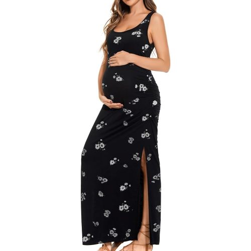 Smallshow Women's Split Long Maternity Dress Sleeveness Ruched Pregnancy Clothes