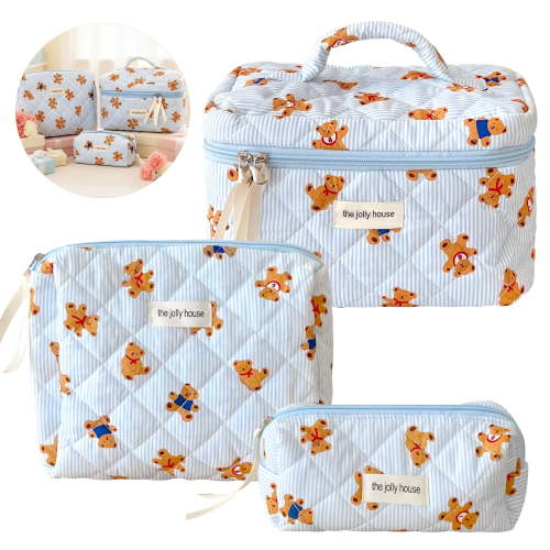 Qoosea Makeup Bag, Quilted Makeup Bag Set, Cosmetic Bag Gifts for Women Girls, Cute Cotton Bow Pattern Travel Toiletry Organizer Bag 3 Set