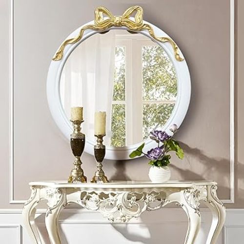28 inch Round/Circle Wall Mirror, Vanity Bow Mirror for Wall Decor, Decorative Antique White&Gold Bathroom Mirrors, Traditional Art Home Decor for Dressing Table, Living Room, Bedroom
