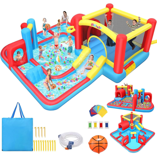 Adnoom Inflatable Water Slide with Large Splash Pool, Kids Bounce House w/Slide,Obstacles,Climbing,Basketball Hoop,Jumping Area for 3-10 Years, 172"X172"X65" Bouncy Castle(without Blower)