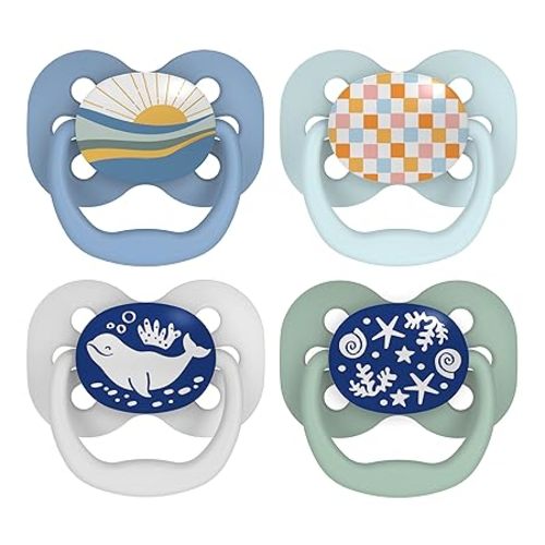 Dr. Brown's Advantage Glow-in-The-Dark Baby Pacifier, Fully Symmetrical Soother with Soft Silicone Bulb, Blue Sunrise-Blue Ocean, 0-6m, BPA Free, 4 Pack