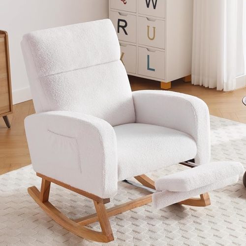 HCHAIRH Rocking Chair Nursery with Foot Rest, Nursing Rocking Chairs for Mom Nursery, Teddy Rocker Glider with High Backrest for Living Room, Bedroom, White