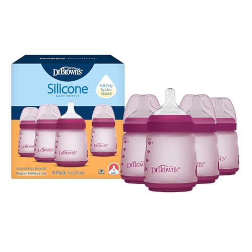 Dr. Brown's Silicone Baby Bottle with Collapsible Insert Designed to Reduce Colic, 5 oz with Wide-Neck Level 1 Slow Flow Nipple, BPA-Free, 0m+, Pink, 4-Pack
