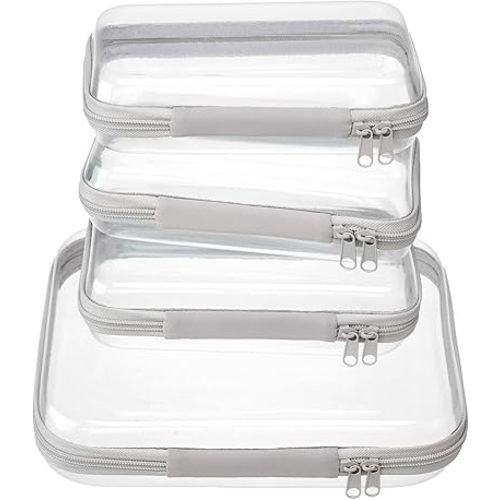 4 pcs Clear Zipper Pouches,Hard Shell Zipper Case, Toiletry Bag for Travel, CLear Diaper Bag, Toiletry Pouch, Travel Organizer, Clear Cosmetic Bag,Toy Storage Bins (M+3S) (Gray)