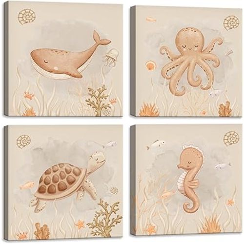 Vintage Nursery Decor Ocean Animals Wall Art Set Watercolor Seahorse Sea Turtle Whale Octopus Prints Under the Sea Baby Nursery Wall Decor for Bedroom Ocean Bathroom Decor Stretched 14x14inches x4pcs
