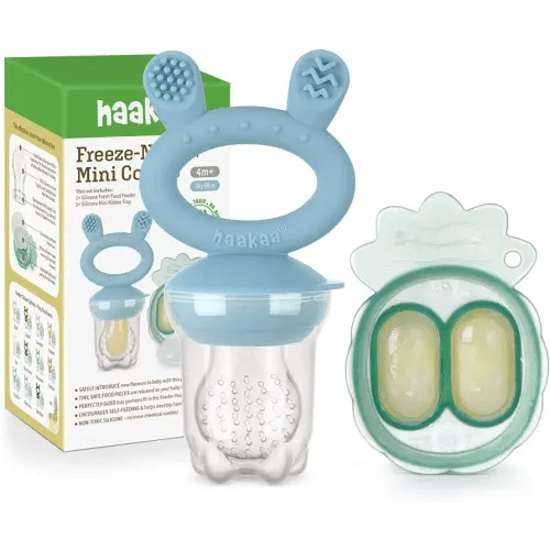 Haakaa Baby Fruit Food Feeder & Mini Freezer Nibble Tray Combo, Breastmilk Popsicle Molds for Baby Cooling Relief, BPA Free Silicone Feeder for Safe Infant Self Feeding, 4 Month+ (Sky Blue)