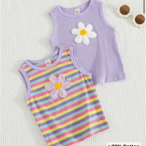 Cozy Pixies 2pcs Baby Girl Cotton Knit Soft Round Neck Sleeveless Top And Striped Pants Set,Daisy Flower Clothes,Cute Summer Holiday Purple And Yellow Outfit | SHEIN USA