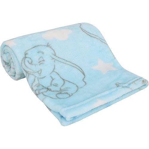 Disney Dumbo Pastel Blue, Grey & White Clouds & Stars Super Soft Baby Blanket, Light Blue, Grey, White