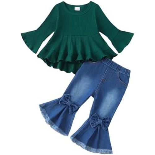 Kucnuzki Toddler Baby Girls Clothes Long Sleeve Shirt Top Flare Denim Jeans Cute Outfit Baby Girl Fall Winter Clothes