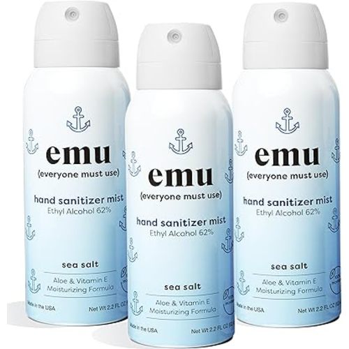 EMU (EVERYONE MUST USE) Hand Sanitizer pocket spray, Travel size 2.2oz. Cleanses Your Hands, Hydrating. Hand soap bulk. 24-hour disinfectant sanitizing. Made in USA (Pack3_Sea_Salt)