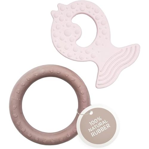 HEVEA Kawan Teething Ring and Fish Teether for Babies - 100% Natural Rubber Soothing Teether Toys, BPA-Free & Vegan, Easy-Grip for Soothing Gums, 2-Pack (Powder Pink & Tan Beige)