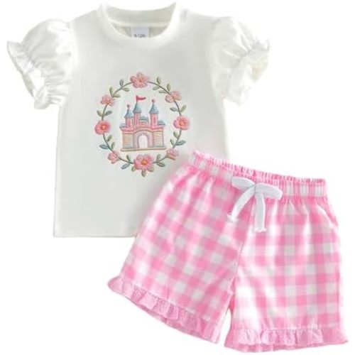 Eadrioss Toddler Girl 4th of July Outfit USA Embroidery Puff Short Sleeve T-Shirt Ruffle Shorts Baby Summer Clothes