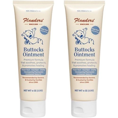 Flanders Buttocks Ointment - Diaper Rash Cream for Treatment & Prevention, Pharmacist Developed, Heat Rash & Chafing in Infants to Adults, Instant Relief (2 Pack of 4oz Tubes)