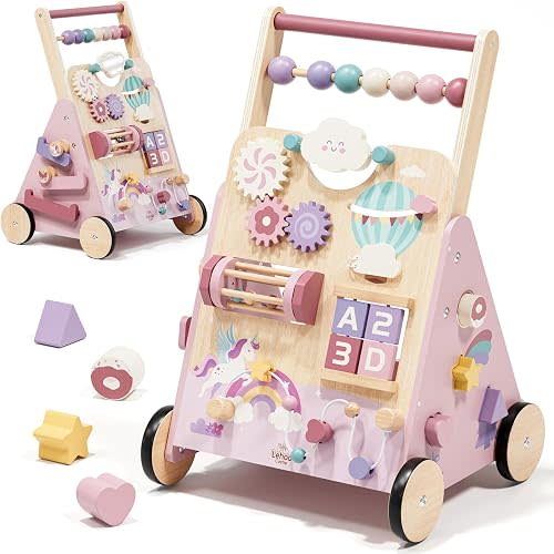 Lehoo Castle Unicorn Wooden Baby Walker, Adjustable Speed Baby Push Walker