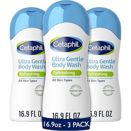 Cetaphil Ultra Gentle Refreshing Body Wash, Refreshing Scent For Dry to Normal, Sensitive Skin, 16.9oz Pack of 3, with Aloe Vera, Calendula, Vitamin B5, Hypoallergenic, Dermatologist Tested
