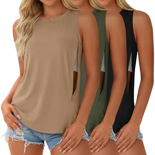 3 Pack Women's Nursing Tank Tops | Breastfeeding Tops, Hidden Zippers, Sleeveless Shirts, Crew Neck, Loose, Maternity Tops
