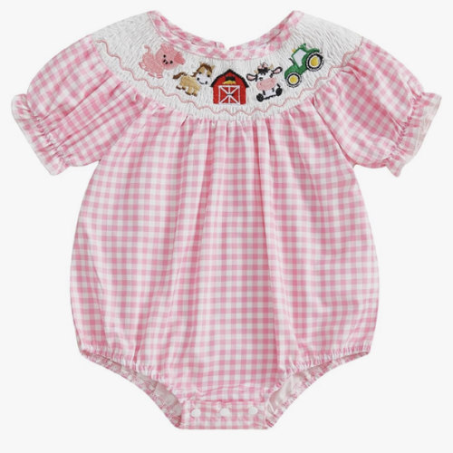 FIOMVA Toddler Baby Girl Clothes Summer Smocked Bubble Romper Embroidery Onesie Short Sleeve Bodysuit Cute Outfits