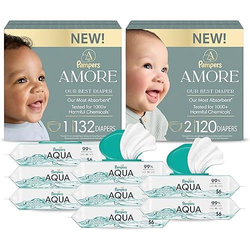 Pampers Amore Premium Baby Diapers Starter Kit, Sizes 1 (132 Count) & 2 (120 Count) with Aqua Pure Baby Wipes, 8X Pop-Top Packs (448 Count)