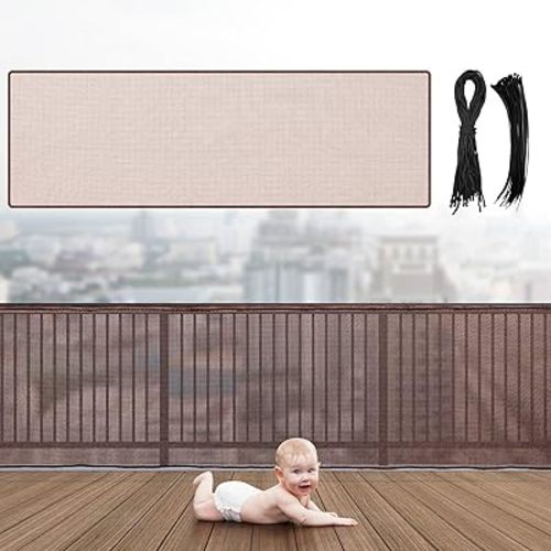 Hosuly Banister Guard 15 x 3 ft Balcony Netting for Kids Pets Stairway Safety Net Baby Fence Door Balcony Netting Safety Mesh Stair Net with No Drilling for Apartment Railing(Brown)