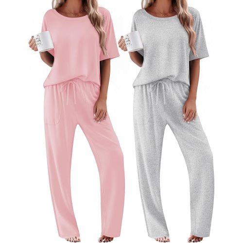 Ekouaer 2 Pack Womens Pajama Sets Short Sleeve Tops and Long Pants Casual Comfy Pjs Lounge Set with Pockets,S-XXL