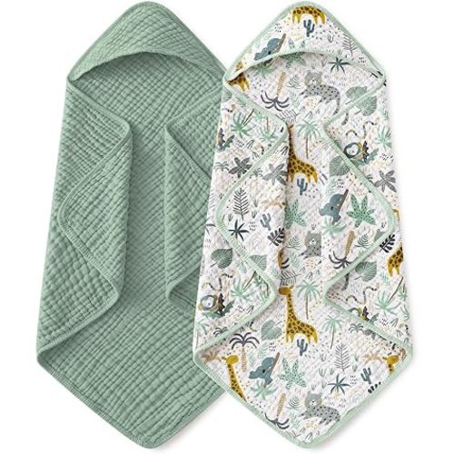 Yoofoss Hooded Baby Towels for Newborn 2 Pack 100% Muslin Organic Cotton Baby Bath Towel with Hood for Babies, Infant, Toddler and Kids, 32x32Inch, Soft and Absorbent Newborn Essential, Green Giraffe
