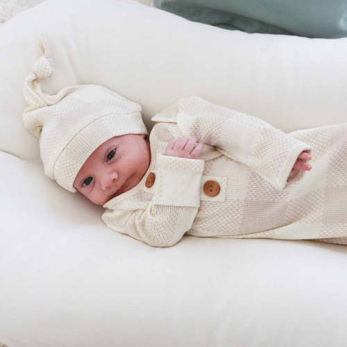 Big Check Bamboo Waffle Newborn Baby Knot Gown & Hat Set | Sand