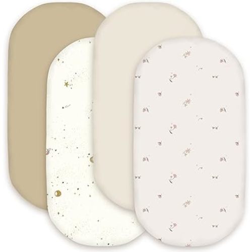 Little Grape Land Bassinet Sheets for Baby Boys Girls 4 Pack, 33" x 18" Extra Soft Breathable Fitted Bassinet Sheets, Bedside Sheets Fit for Oval Rectangle and Hourglass Bassinet Mattress (Flower)