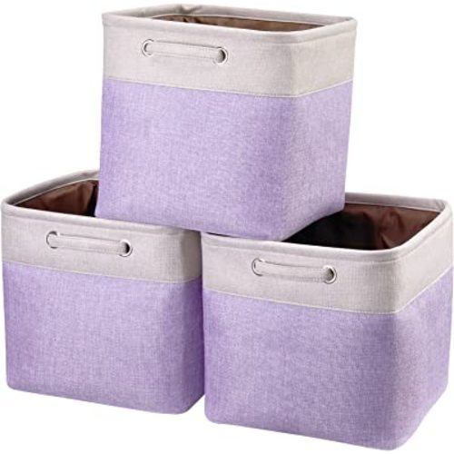 Fabric Cube Storage Bins Foldable Storage Boxes Light Purple and Silver Khaki Patchwork Storage Baskets Cubes Storage Bins with Handle Cube Inserts Storage 13x13x13 cube organizer bin Pack of 3