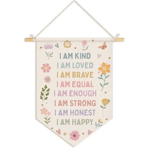 Wheatwin Positive Affirmations Wall Decor, Girl Nursery Decor, Pastel Floral Wall Hanging Pennant Flag Banner for Toddler Baby Girls Room Bedroom Dorm Playroom 15x11 Inch